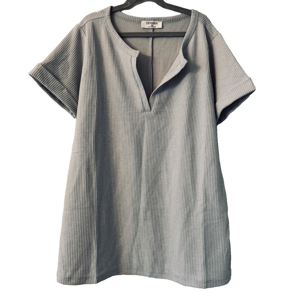 Zenana Waffle Knit Split Neck Tunic Top NWOT Gray Coastal Minimalist Relaxed Med